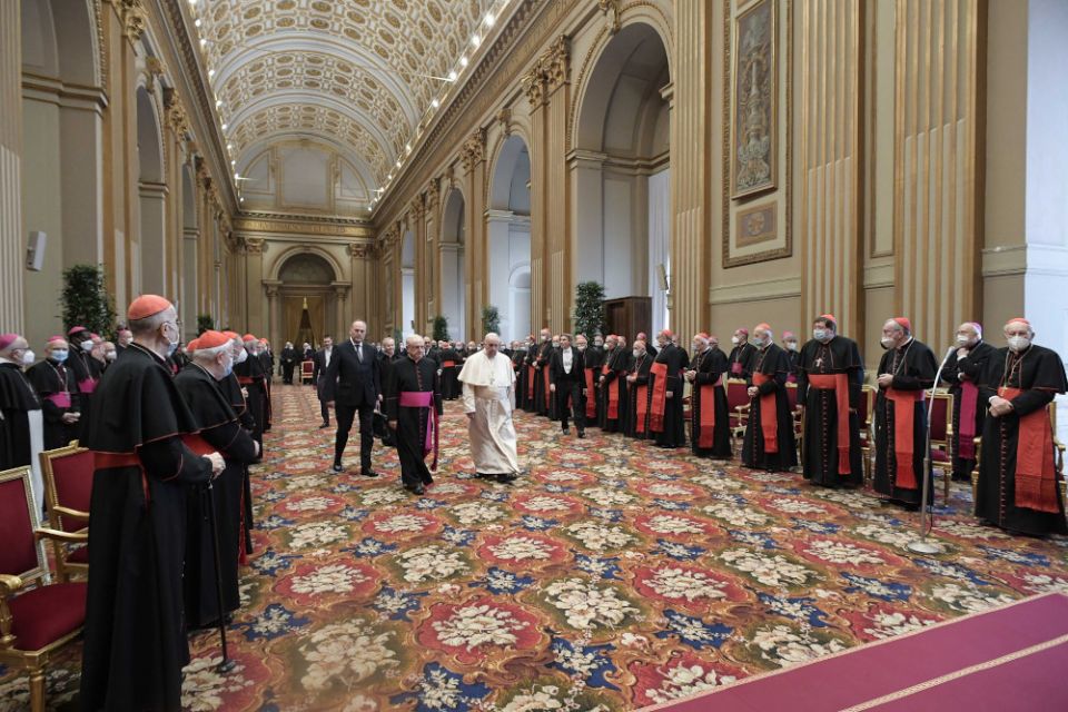 Pope Francis arrives for an audience for the annual exchange of Christmas greetings with members of the Roman Curia in the Apostolic Palace at the Vatican on Dec. 23, 2021. (RNS/Courtesy of Vatican Media)