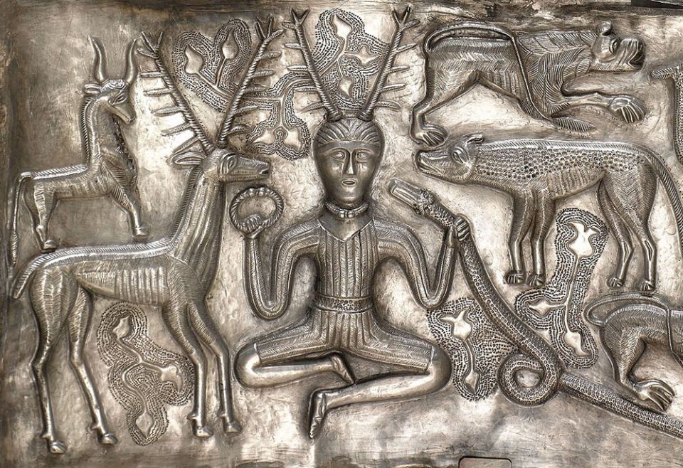 The Cernunnos-type antlered figure or horned god, on the Gundestrup Cauldron, on display, at the National Museum of Denmark in Copenhagen (Wikimedia Commons/Nationalmuseet, CC BY-SA 3.0)