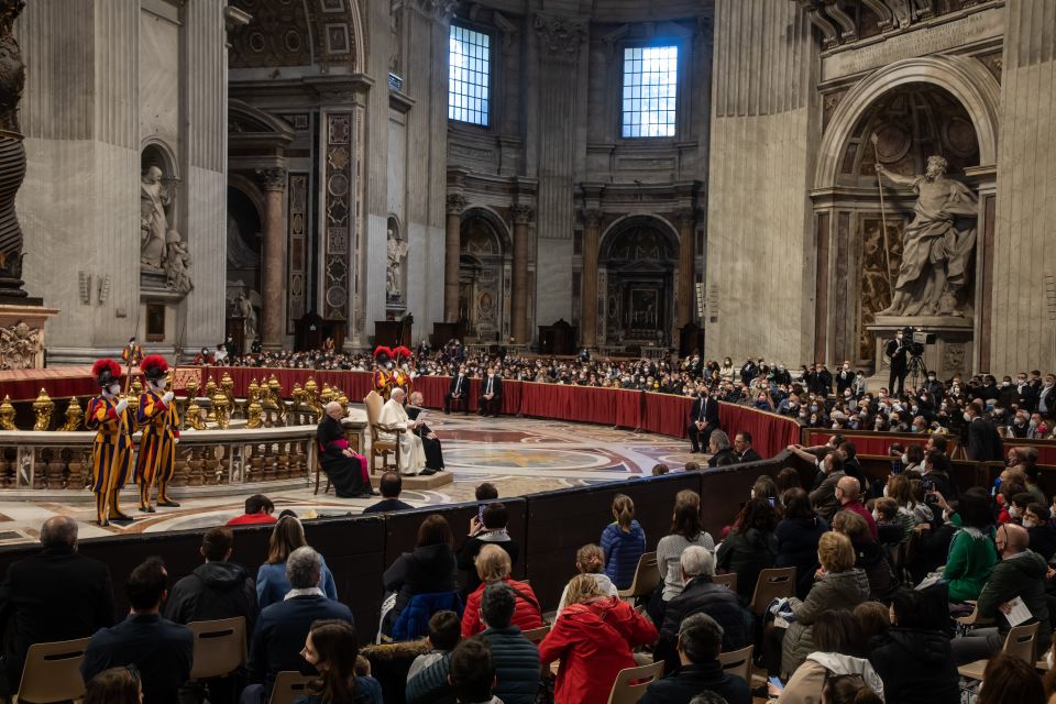 Pope Francis leads a meeting with students from Milan in St. Peter's Basilica at the Vatican March 16, 2022. (CNS photo/Stefano Dal Pozzolo, pool)