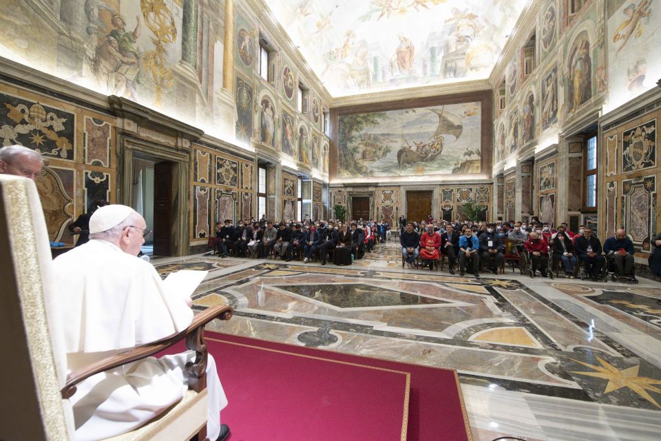Pope Francis meets with members of the Italian Autism Foundation in the Vatican's Clementine Hall April 1, 2022, ahead of World Autism Awareness Day April 2. (CNS photo/Vatican Media)