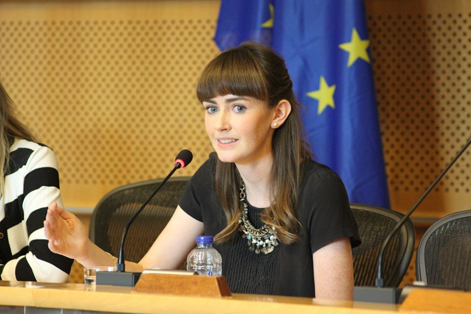 As part of a delegation of survivors from "mother and baby homes," Maeve O'Rourke speaks to members of the European Parliament and representatives of the European Commission and Amnesty International in Brussels on Sept. 9, 2014. (Flickr/Sinn Féin)