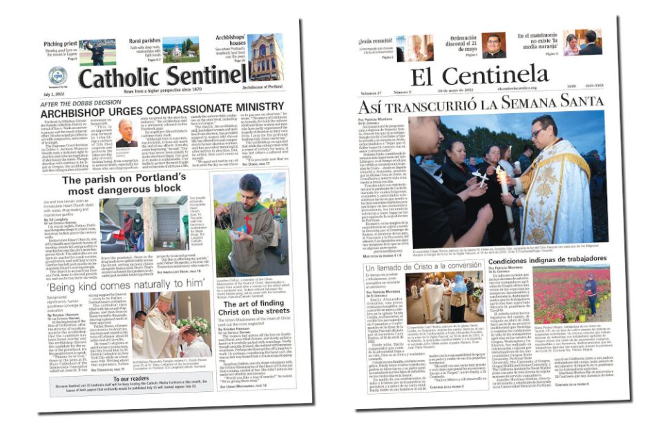 This illustrations shows the front pages of the Catholic Sentinel and El Centinela newspapers of the Archdiocese of Portland, Ore. (CNS illustration/courtesy Oregon Catholic Press)