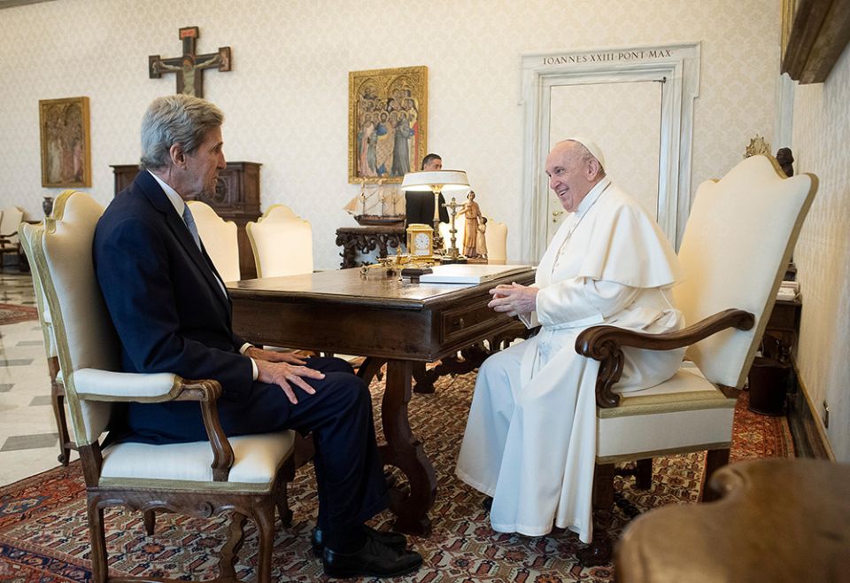Pope Francis meets John Kerry, U.S. special presidential envoy for climate, May 15, 2021, at the Vatican. (CNS/Vatican Media)