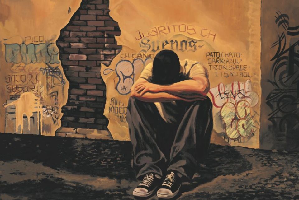 "HIS-STORY" depicts a "homey" contemplating life in this acrylic on canvas by Fabian Debora. (Courtesy of Loyola Press)